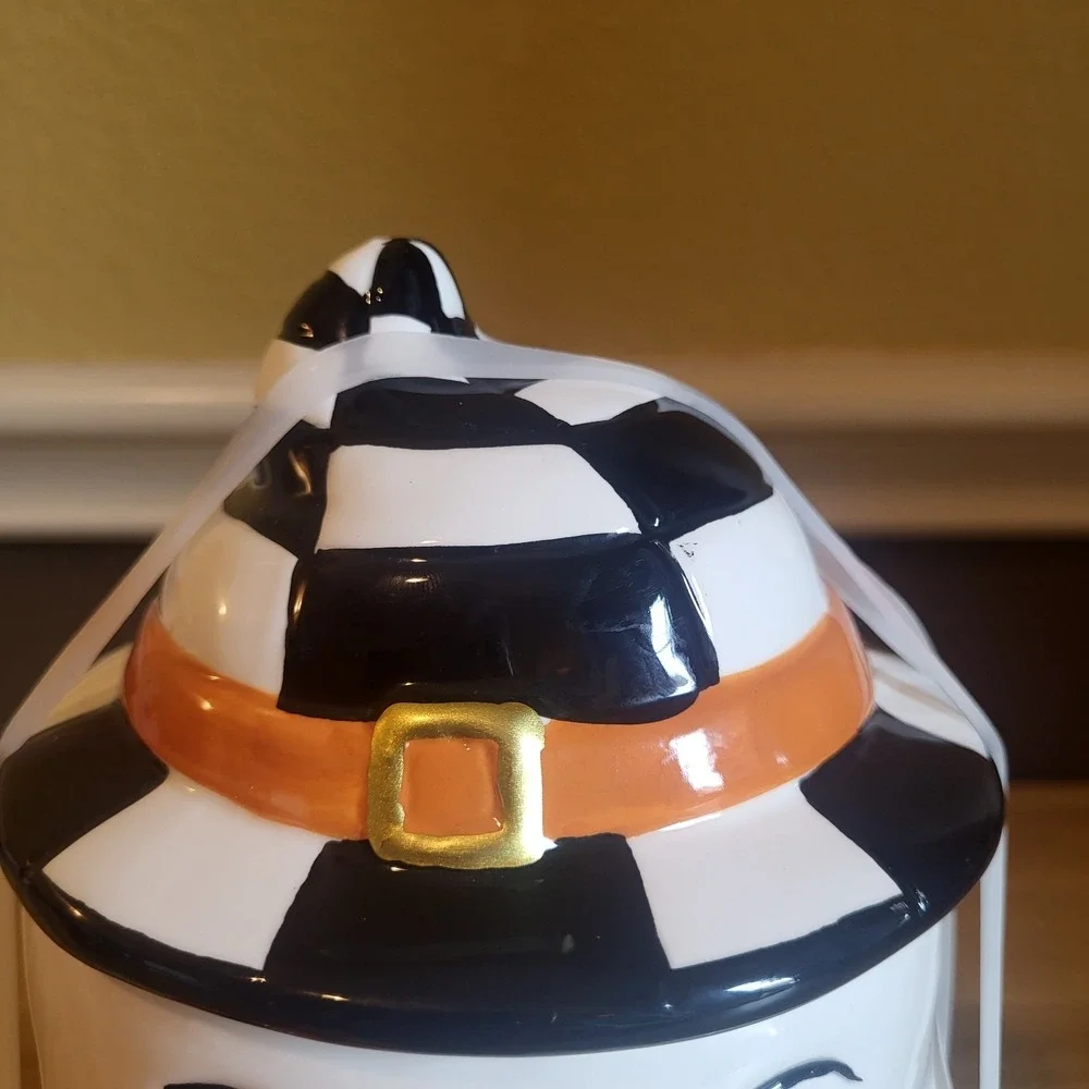 Jack O Lantern Lane Halloween Ghost Cookie Jar Pumpkin Checkerboard Ceramic NEW